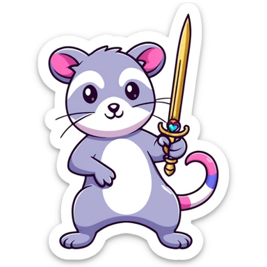 A rainbow-colored possum in heroic pose holding a jewel-encrusted sword, with glitter, hearts, and neon colors sticker