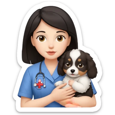 dark haired nurse holding baby dog sticker