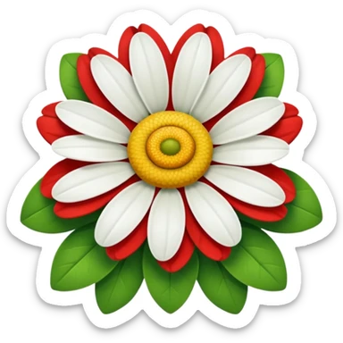 A daisy with ten petals, with green, red and white petals and a yellow centre. sticker