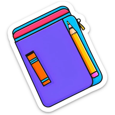 Cute school supplies including colorful pencil case, notebook, pens, and markers sticker