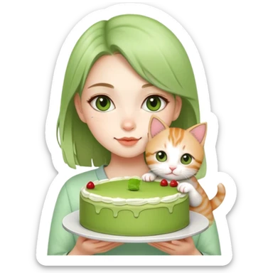 Beautiful girl holding a big matcha cake and a kitten in her hands sticker