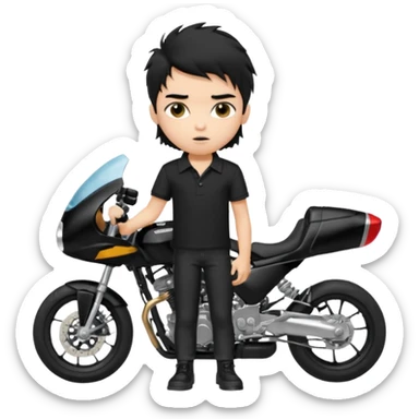 generate a pretty fair bratz boy with a messy mullet (black hair), wearing a BLACK polo.  standing witha superbike sticker