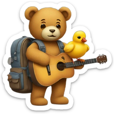 a teddy with a backpack and a guitar holding hands with a chick with a camera and art stuff sticker