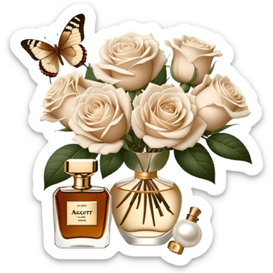 A bouquet of white Ascott tea roses next to a beige aesthetic and a brown beautiful butterfly and a gold silk ribbon and a beautiful flacon of aesthetically pleasing vintage-style perfume in pearl color sticker