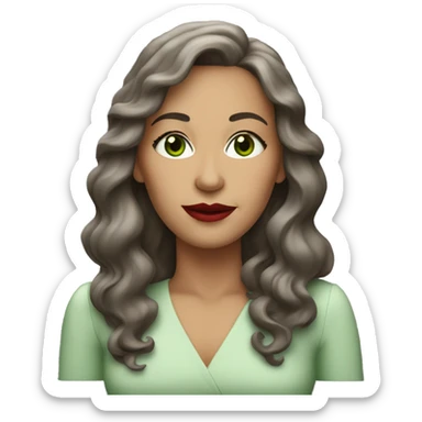 50 year old woman with long wavy brown hair and green eyes and red lipstick sticker
