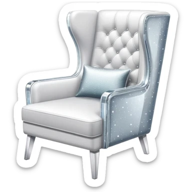 smartphone at an angle showing a clear, detailed armchair on the screen, product page layout, with sparkle effect on the left side sticker