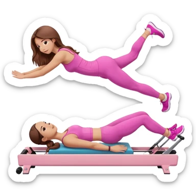 one girl doing a plank on a pilates reformer in a pink workout set with long brown hair sticker