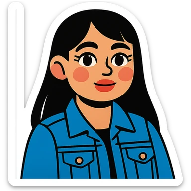 light skinned girl with round, slightly upturned brown eyes with long lashes, medium sized full blush colored lips, slightly chubby cheeks, long straight black hair, wearing a trendy denim jacket sticker