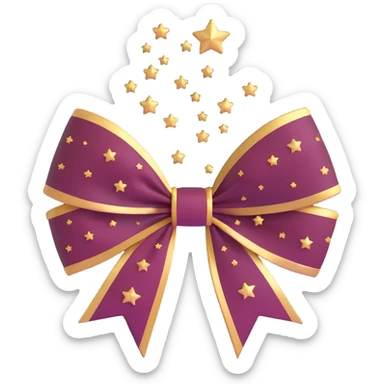 sparkly burgundy bow with gold outline, a heart in the center, and small stars sticker