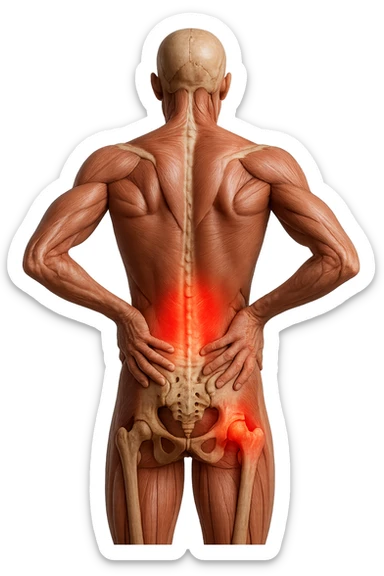 CORPO UMANO ANATOMICO REALISTICO DI SPALLE CON DOLORE ALLA LOMBARE INFIAMMATA, DOLORE ALL'ANCA, IPERREALISTICO 4K sticker