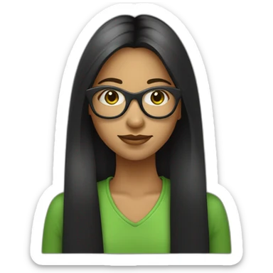 une fille avec de long cheveux noir lisse , et avec des lunette (en forme de carrer un peu déformé) assez grosse comparer a ça tête ,et elle a des yeux vert sticker