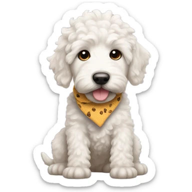 White labradoodle puppy with “cone collar” around neck and sock knots right front paw sticker