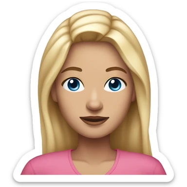 a woman with freckles and blue eyes, blonde hair and dark roots. pink clothes sticker