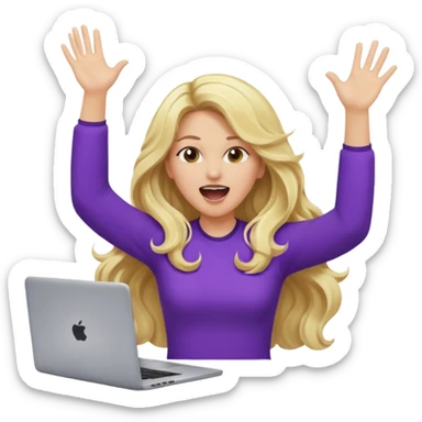 lady with long blonde wavy hair, purple top throwing her with a laptop hands in the air screaming sticker