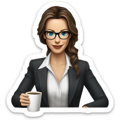 Hyper Realistic Kate Beckinsale blue eyes wearing glasses in a business dress drinking coffee happy  sticker