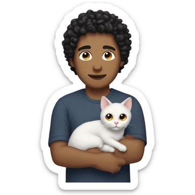 Guy with short black curly hair holding a cat sticker