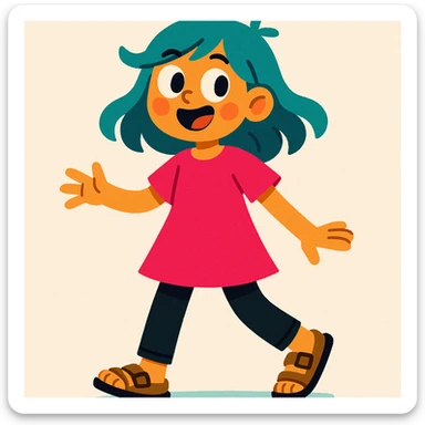 full body girl with teal hair, wearing a hot pink dress, black jeans, and brown birkenstocks, vibrant, expressive sticker