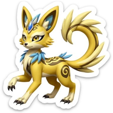 Tribal Exotic Meloetta-Zeraora-Lombax-Renamon-Protogen-Palkia-hybrid-fusion-Fakémon-creature, full body sticker