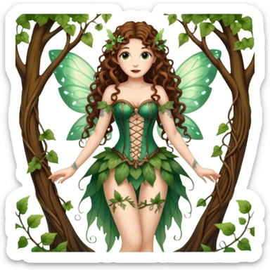 full body woman long curly brown hair brown eyes white skin tattoos dressed as glowing forest fairy with translucent wings and vine corset sticker