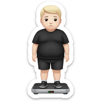 sad fat young boy in black t shirt on weight scale  sticker