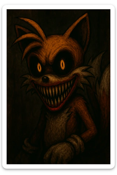 Tailsanator.OBM from Sonic the Hedgehog, a scary version of Tails with black eyes and yellow-orange pupils, dark orange fur, stretched pointy teeth, mouth with red lips, horror vibe, menacing and creepy expression sticker