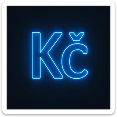 Czech koruna sign (Kč) emoji, neon-blue style, electric-blue glow, smooth lines, techy aesthetic, dark background. sticker