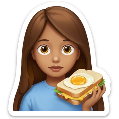 Girl with brown long hair stuffed her face with egg sandwich all over her face sticker