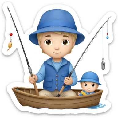 Little boy on a little boat fishing, felt texture, scrapbooking, precious moments style character sticker