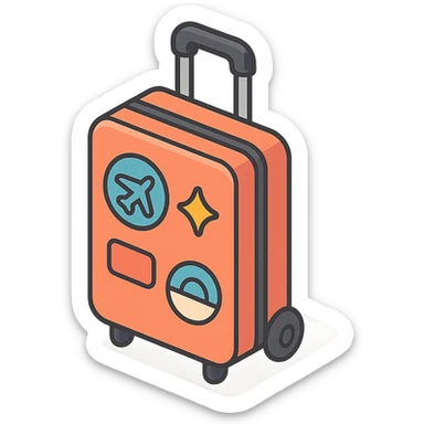 2D isometric illustration of a rolling suitcase with travel stickers, cute and colorful sticker