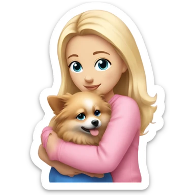 A blonde girl with blue eyes, wearing pink, hugging her pomeranian  sticker