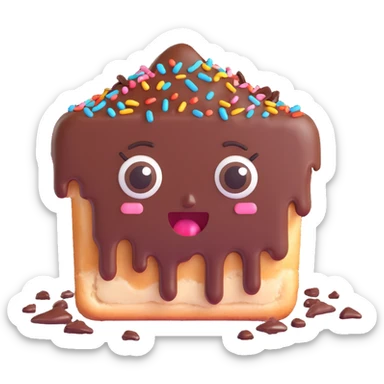 Rectangular chocolate mini pastry, messy chocolate dripping, sprinkles flying, surprised eyes, open mouth, text above: "ПАСТИЧКА", chibi style, Twitch emoji style, transparent background, colorful
 sticker