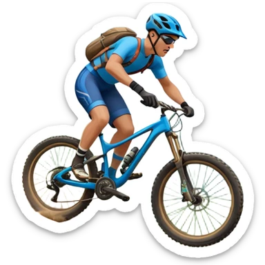 An icon featuring a mountain bike with thick tires on a rugged trail. A cyclist in a helmet rides downhill, kicking up dust. The background showcases a breathtaking mountain landscape with green slopes, rocky peaks, and a bright blue sky. Transparent background emphasizes adventure and speed sticker