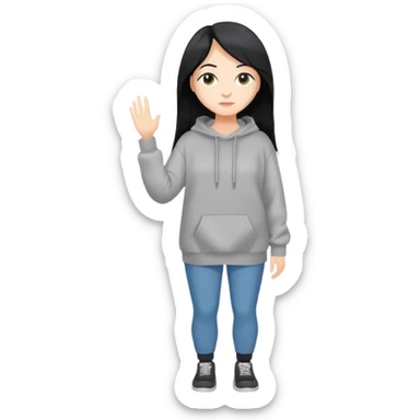 full-body female avatar, flat vector, long black hair, oversized sweatshirt, neutral background sticker