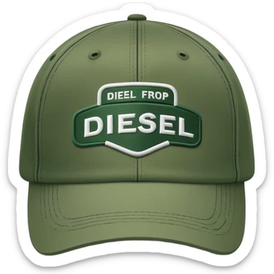 Deep army green Diesel cap, isolated hat with white handwritten Diesel text and the brand's logo below it, no human sticker