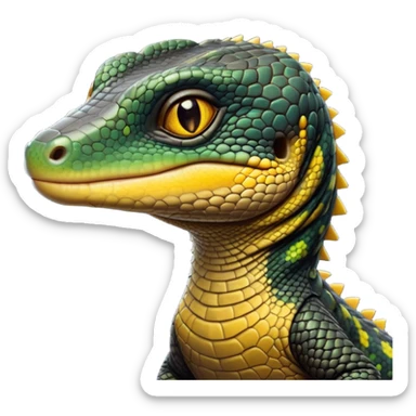 cinematic-realistic-cute-monitor-lizard-portrait-emoji,-head-tilted-playfully-and-inquisitively,-featuring-a-compact,-agile-body-with-finely-detailed,-glossy-scales-in-earthy-black and yellow-hues-and-a-distinct,-alert-face-with-bright,-curious-eyes, black , yellow spotted and green band  scales and a slender neck sticker