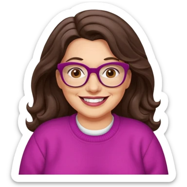 50 yr Caucasian woman, long dark brown hair parted on side, brown eyes, brown glasses, big smile, white teeth, fuscia sweater, chubby, wavy hair sticker