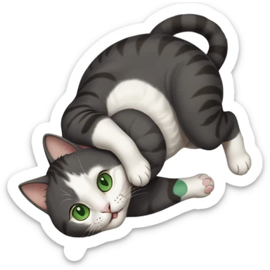 beautiful female solid dark grey cat with green eyes, white toes/paws and white patch on her chest playfully rolling upside down sticker