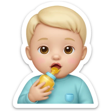 Apple-style 3D emoji of a cute baby sucking on a pacifier or drinking from a baby bottle, round face, soft pastel colors, cheerful and gentle expression, clean white background sticker