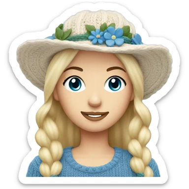 beautiful finnish blonde woman with blue eyes knitting floral hat sticker