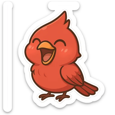 Chibi red male cardinal laughing with eyes closed and beak wide open, soft glowing cheeks, cozy cartoon emoji. sticker