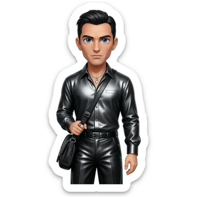 James Bond from James Bond with blue eyes, black hair, black metallic shirt, black metallic baggy pants, silver necklace sticker