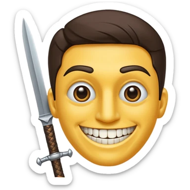 Haz que tenga una sonrisa epica una cicatriz en el ojo serrado y una espada entre los dientes y dos más a cada lado. sticker