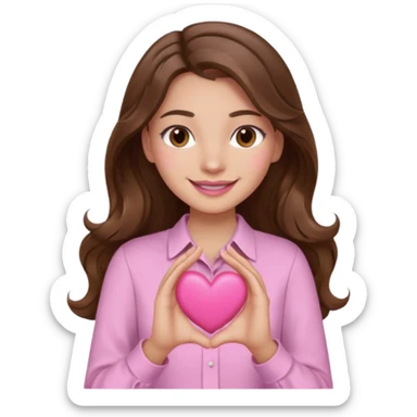 girl with wavy long brown hair, brown eyes, light to medium complexion, long lashes, light pink lipstick, wearing light pink shirt, smiling, hands holding a pink heart sticker
