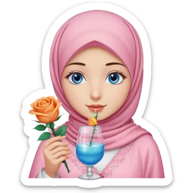 Turkish beautiful finish Konya girl blue eyes with light pink hijab islamic dress and had on her hand Glittery rose mocktail with orange light pink roses sticker
