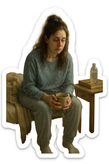 A realistic, cinematic illustration of a woman in her early 30s with a tired, pale appearance, sitting on the edge of her bed in a softly lit bedroom during the morning, looking exhausted and drained. Her posture is slightly slouched, and dark circles are visible under her eyes. She wears comfortable loungewear, holding a warm cup of herbal tea in her hands, seeking comfort. The scene includes a cozy yet slightly messy room with a blanket, a water bottle, and a book on the nightstand, emphasizing chronic fatigue. Soft natural light comes through the window, highlighting her expression of persistent tiredness despite rest, capturing the invisible struggle of chronic fatigue syndrome while maintaining dignity and a gentle aesthetic. sticker