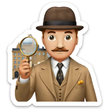 A cinematic-style frame showing Hercule Poirot in his iconic suit with a magnifying glass in a dramatic detective pose. Background should be mysterious city background and subtle clues like fingerprints or a crime scene. Transparent background. sticker