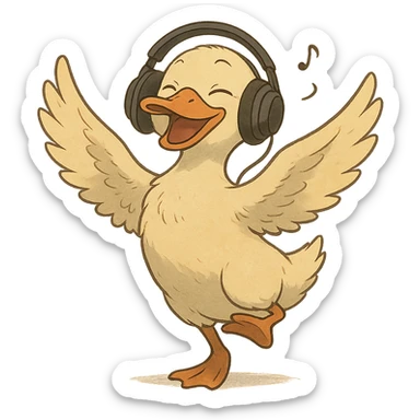 ghibli style duck dancing to dubstep with headphones sticker