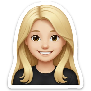 Girl with long blond hair smiling with black shirt sticker