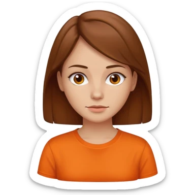 brown haired woman no smile with orange shirt sticker