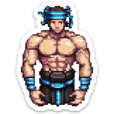 a regular muscular arm with tefillin wrapped around it, pixel art style sticker